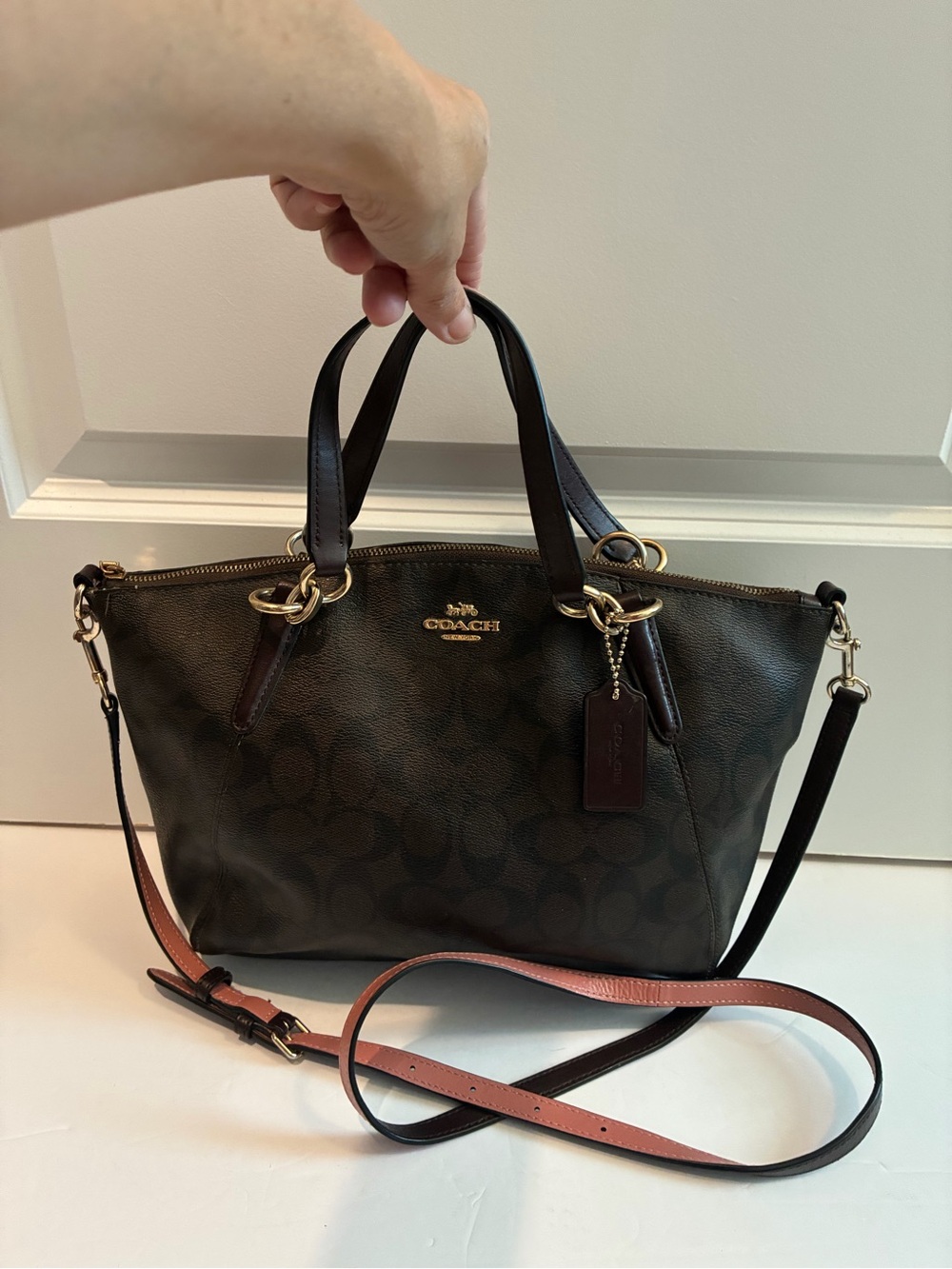 Coach Dark Brown Signature Kelsey Canvas Satchel with Pink-Trim Strap